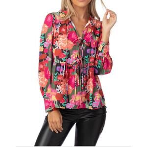 CROSBY MOLLIE BURCH Renny Bright Floral Forest Tie Front Tunic Blouse Top